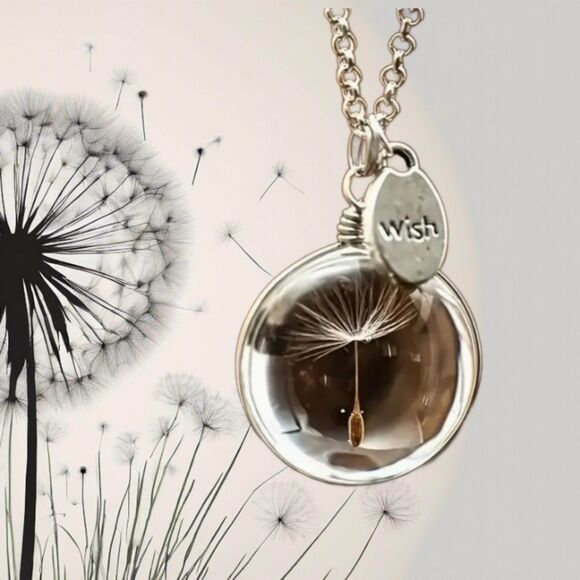 Clear Bubble With a Tiny Dandelion & a Carved WISH Charm Necklace - Picture 1 of 5